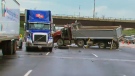 Three people have been transported to hospital after a six-vehicle crash involving a dump truck on Highway 407 Tuesday afternoon. 