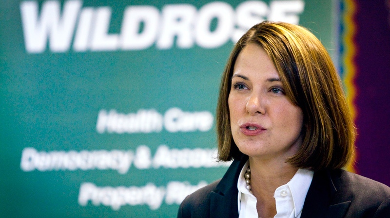 Wildrose Alliance leader Danielle Smith speaks to the media while unveiling the party's policy book in Airdrie, Alta., Monday, Oct. 3, 2011. (Jeff McIntosh / THE CANADIAN PRESS)