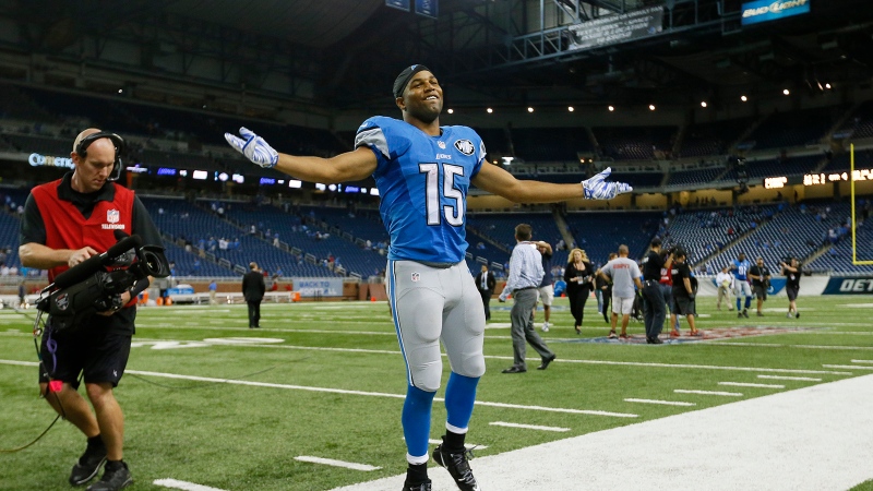 Detroit Lions wide receiver Golden Tate celebrates the Lions' 35-14 win over the New York Giants in an NFL football game in Detroit, Monday, Sept. 8, 2014. (AP / Paul Sancya)