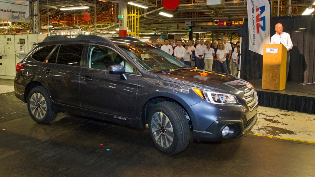 A 2015 Subaru Outback rolls off the line