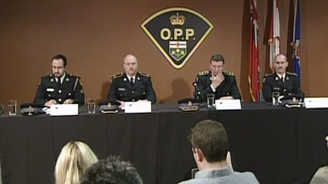 Ontario Provincial Police update the status of the three victims in hospital and confirm the names of those who died in a fatal crash in Hampstead, Ont., Wednesday, Feb. 8, 2012.