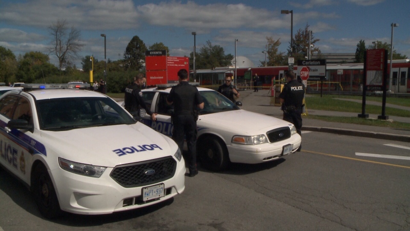 Two men were arrested after an altercation on the O-train at Carleton University.  Both men suffered minor stab wounds. (Shaun Vardon/CTV Ottawa)
