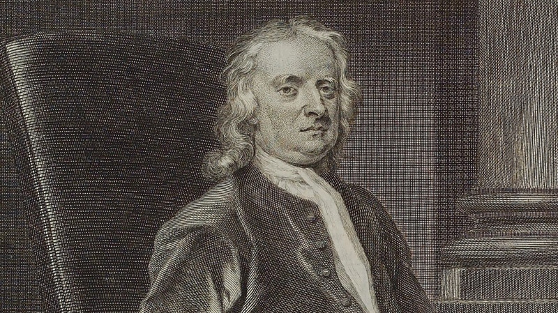 Engraving of Isaac Newton based on a 1726 painting by John Vanderbank that was from the frontispiece of a 1726 edition of Principia, on display on Friday, Oct.8, 2004, at the New York Public Library's Humanities and Social Sciences Library. (AP Photo/NY Public Library, File)