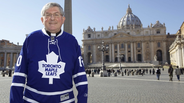 Archbishop of Toronto Thomas Collins wears a Toronto Maple Leafs jersey as he walks in St. Peter's Square in the Vatican, Thursday, Feb.16, 2012. THE CANADIAN PRESS/HO-Roman Catholic Archdiocese of Toronto