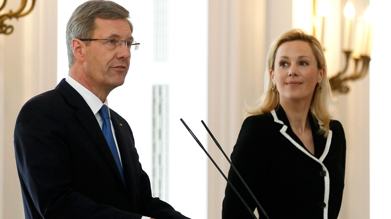 German President Christian Wulff, left, announces his resignation during a statement at the Bellevue Palace in Berlin, Germany, Friday, Feb. 17, 2012. (AP / Michael Sohn)