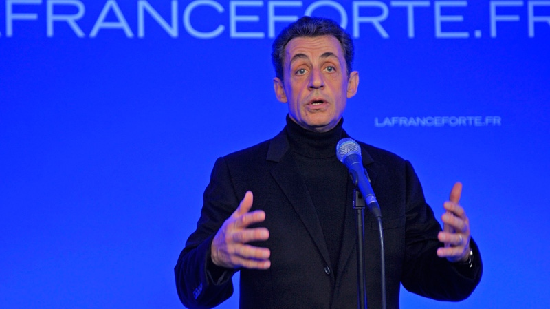 French President Nicolas Sarkozy delivers a speech during the inauguration of his campaign headquarters in Paris, Saturday, Feb. 18, 2012. (AP / Philippe Wojazer, Pool)