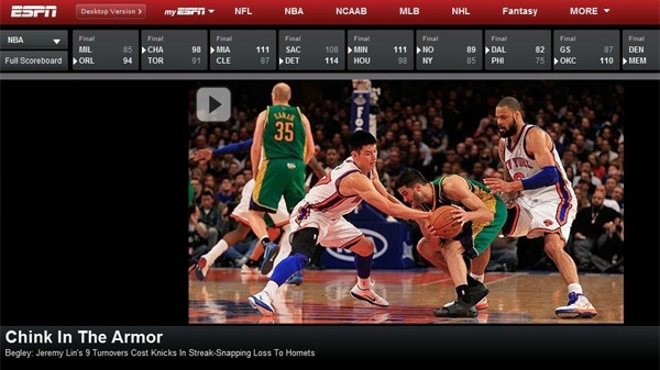 ESPN ran the headline 'Chink in the Armor' after Lin had nine turnovers in New York's loss to the New Orleans Hornets on Friday, Feb. 17, 2012.