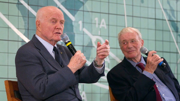 Former Sen. John Glenn, left, and Scott Carpenter, right, speak at the Kennedy Space Center in Cape Canaveral, Fla., Friday, Feb. 17, 2012. (AP / Michael Brown)