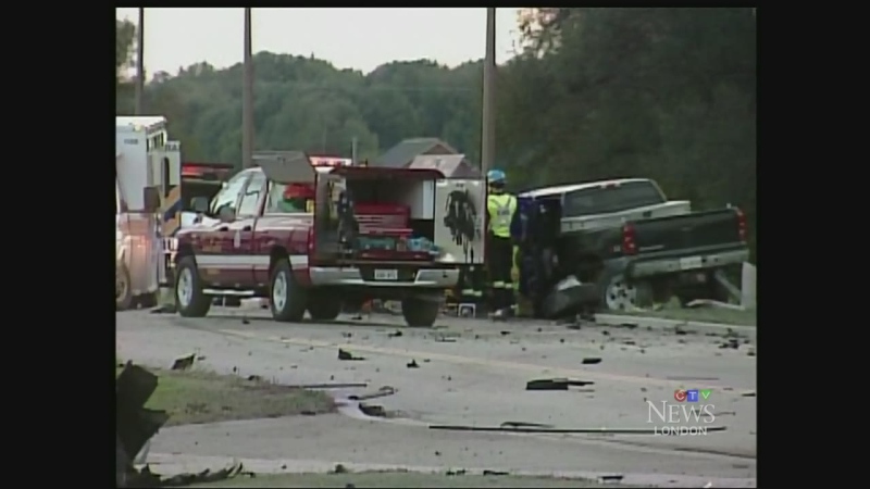 Emergency crews work at the scene of a crash in Wingham, Ont. on Sunday, Sept. 14, 2014. (Scott Miller / CTV London)