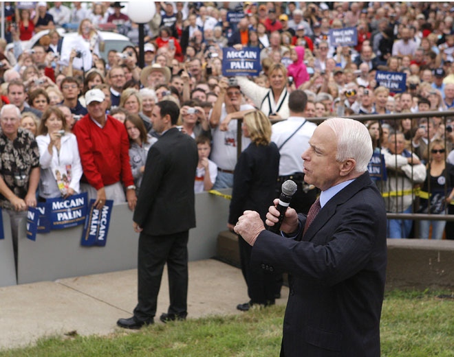 Republican presidential candidate Sen. John McCain addresses an overflow crowd of supporters outside a campaign rally in Lee's Summit, Mo., Monday, Sept. 8, 2008 (AP / Stephan Savoia)