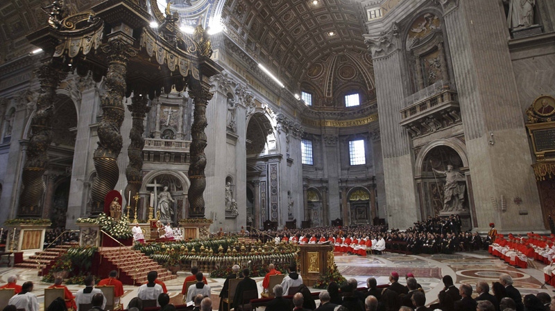 Pope Benedict XVI presides over a consistory in St. Peter's Basilica at the Vatican, Saturday, Feb. 18, 2012. (AP Photo/Andrew Medichini)