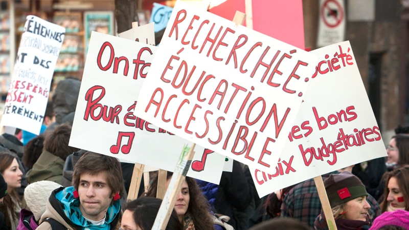 Students take part in a demonstration against higher tuition fees Monday, Feb. 20, 2012 in Montreal. (Ryan Remiorz / THE CANADIAN PRESS)