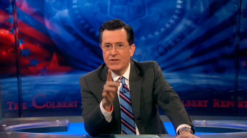 In this image taken from video, Stephen Colbert is seen on the set of his show 'The Colbert Report' in New York, Monday, Feb. 20, 2012. 
