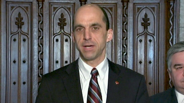 Minister of Veteran Affairs Steven Blaney speak to reporters in the Foyer of the House of Commons on Parliament Hill in Ottawa