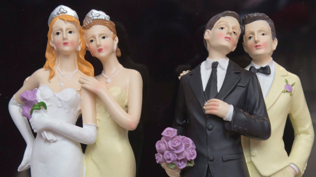 Plastic figurines depicting same-sex couples