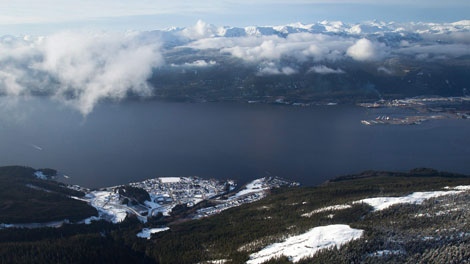 This Tuesday, Jan. 10, 2012 aerial photo shows the Haisla First Nation's Kitamaat Village, British Columbia, Canada, foreground left, along the Douglas Channel. (AP Photo/The Canadian Press, Darryl Dyck)