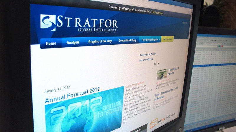 The home page of the Stratfor website is seen on a computer monitor in London Wendesday Jan 11, 2012. (AP Photo/Cassandra Vinograd) 