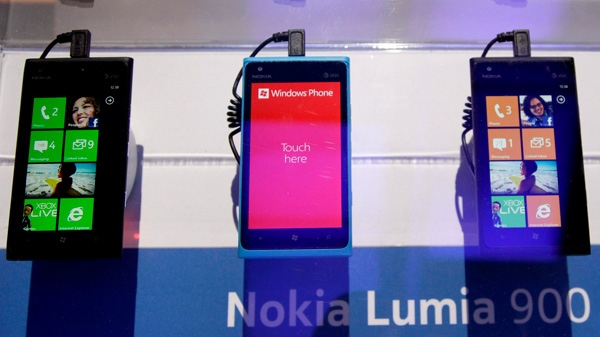 This image shows the Nokia Lumia 900 Windows based smartphones at the 2012 International CES trade show, in Las Vegas, Jan. 11, 2012. (AP / Julie Jacobson)