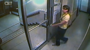 Luka Magnotta is seen in this surveillance video from May 24, 2012. This video was shown in a Montreal court on Monday, Oct. 6, 2014.