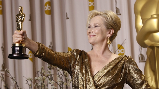 Meryl Streep poses with her award for best actress for "The Iron Lady" during the 84th Academy Awards on Sunday, Feb. 26, 2012, in the Hollywood section of Los Angeles. (AP Photo/Joel Ryan)