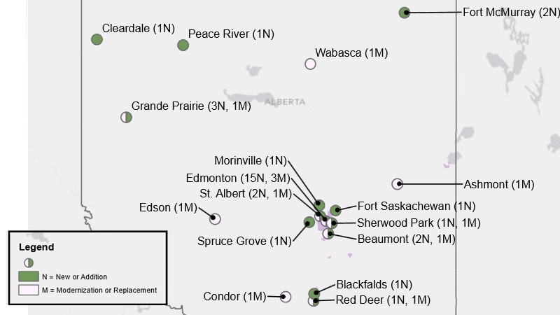 A map released by the Alberta Government outlines which communities will receive new and modernized schools under phase 3. Supplied.