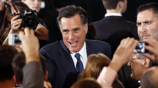 Republican presidential candidate, former Massachusetts Gov. Mitt Romney, greets supporters at his election watch party after winning the Michigan primary in Novi, Mich., Tuesday, Feb. 28, 2012. (AP / Gerald Herbert)