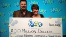 Joann Champagne and Gaetan Hawkesbury collect their $50 million Lotto Max jackpot at the OLG's offices in Toronto on Wednesday Feb. 29, 2012. (CTV NEWS/Danny Pinto)