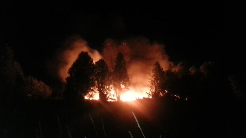 A barn, house and another structure in Greely, Ont. went up in flames following what local residents described as a loud "boom" at around 8:30 p.m. on Thursday, Oct. 9, 2014. (Jeremy Nehme/CTV Viewer)