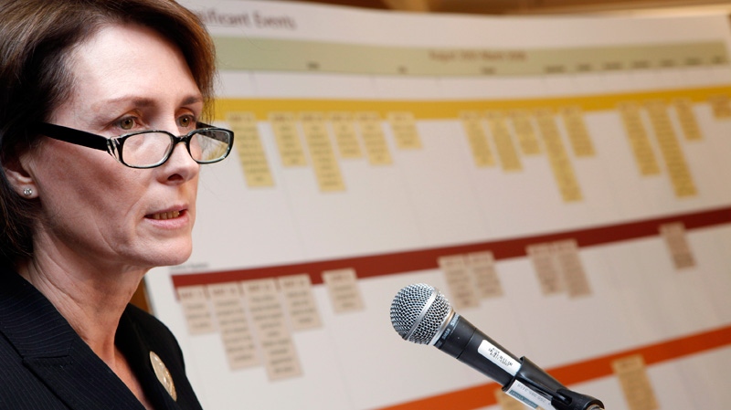 Mary Ellen Turpel-Lafond releases an investigative report into the deaths of three children killed by their father, Allan Schoenborn in April 2008, during a press conference in Victoria, Thursday, March 1,2012. (Chad Hipolito / THE CANADIAN PRESS)