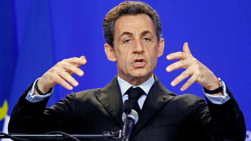 French President Nicolas Sarkozy gestures while speaking during a media conference after an EU Summit in Brussels on Friday, March 2, 2012. (AP / Remy de la Mauviniere)
