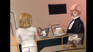 A courtroom artist's rendering of the forensic biologist's testimony in the Magnotta trial.