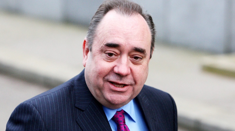 Scotland's First Minister Alex Salmond, arrives for a meeting with Britain's Prime Minister David Cameron,at St Andrew's House in Edinburgh, Scotland Thursday, Feb 16, 2012. 
