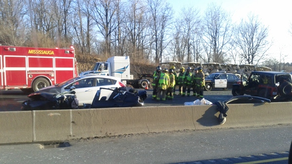 One woman was seriously injured in a multi-vehicle crash on Highway 401 in Mississauga.