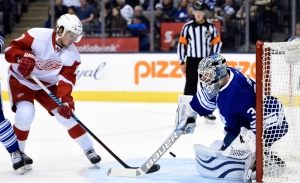 Detroit Red Wings' Justin Abdelkader scores on Toronto Maple Leafs goalie James Reimer in Toronto on Friday, Oct. 17, 2014. (The Canadian Press / Frank Gunn)