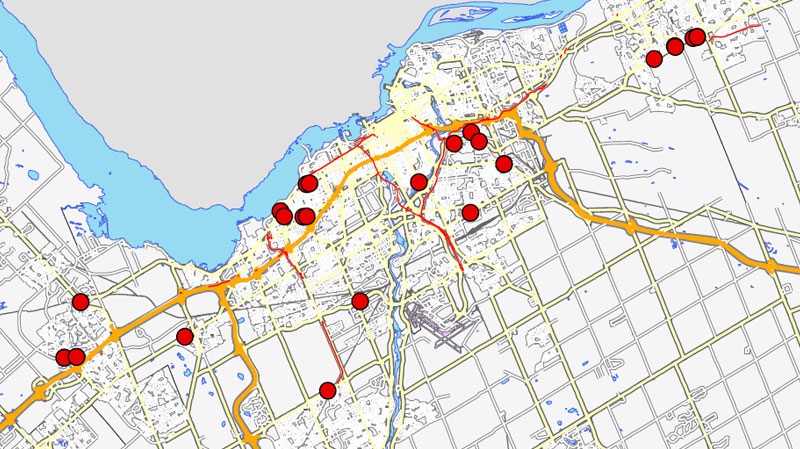 This map shows where the robberies in Ottawao occurred Tuesday, March 6, 2012. 