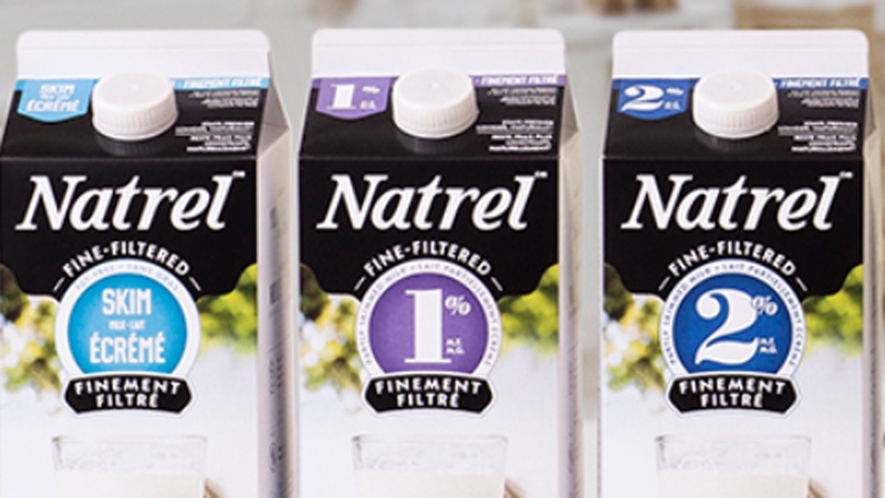 In this screengrab from Natrel, Natrel Fine-Filtered Skim, 1% and 2% milk cartons are pictured.