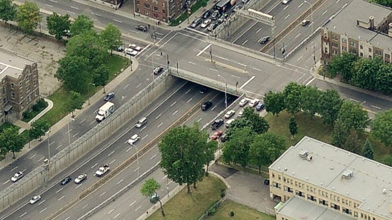 The intersection of Decarie and Cote St. Luc, seen