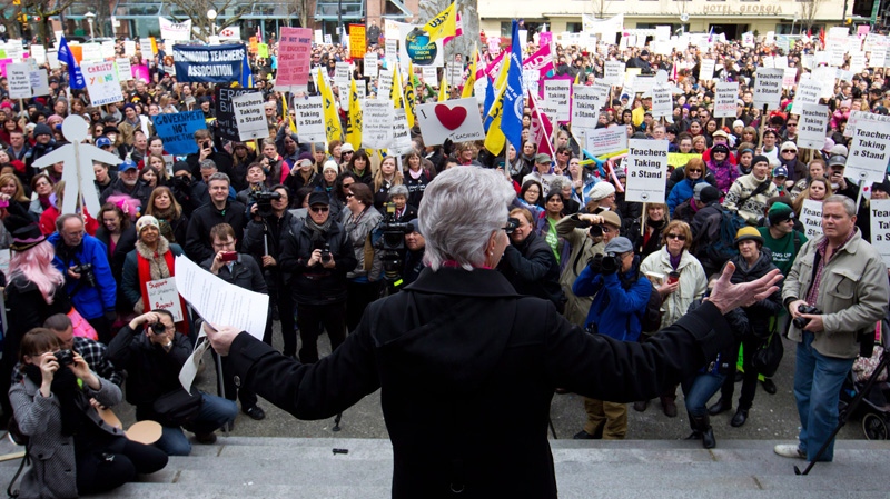 British Columbia Teacher's Federation president Susan Lambert addresses striking teachers and other supporters during a rally on the final day of a three-day province wide walkout in Vancouver, B.C.