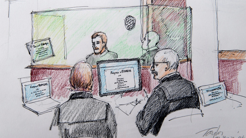 An artist's sketch shows the sentencing hearing for Justin Bourque at Moncton Law Courts in Moncton, N.B. on Monday, Oct.  27, 2014. (Carol Taylor / THE CANADIAN PRESS)
