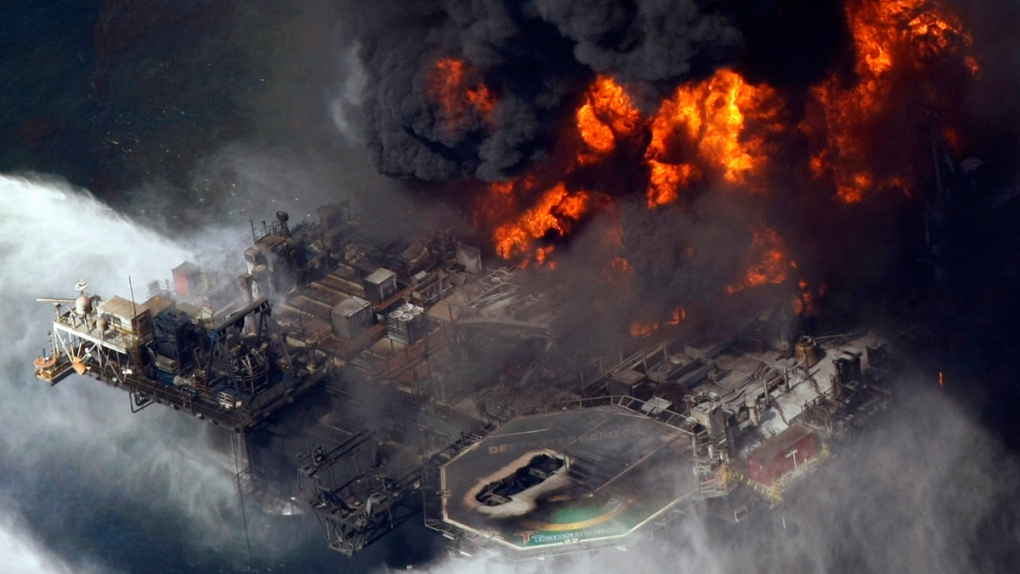 Deepwater Horizon oil rig burning in 2010