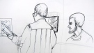 An artist's sketch shows the sentencing hearing for Justin Bourque at Moncton Law Courts in Moncton, N.B. on October 27, 2014. (THE CANADIAN PRESS / Carol Taylor)