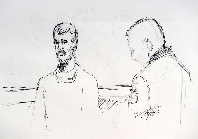 Justin Bourque is depicted in an artist's sketch at his sentencing hearing at Moncton Law Courts in Moncton, N.B. on Tuesday, Oct. 28, 2014. (Carol Taylor / THE CANADIAN PRESS)