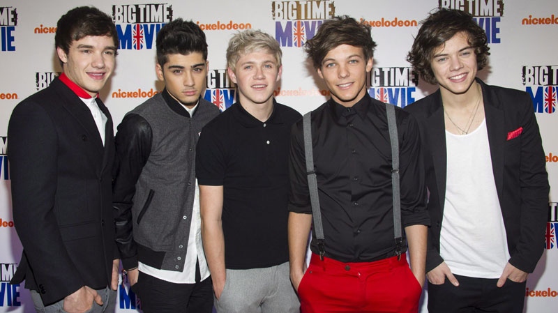 One Direction band members, left to right, Liam Payne, Zayn Malik, Niall Horan, Louis Tomlinson and Harry Styles attend the premiere of the Nickelodeon TV movie "Big Time Movie" in New York, Thursday, March 8, 2012. 