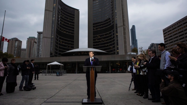 Mayor-elect John Tory speaks to reporters outside city hall in Toronto on Tuesday, Oct. 28, 2014. (Chris Young / THE CANADIAN PRESS)