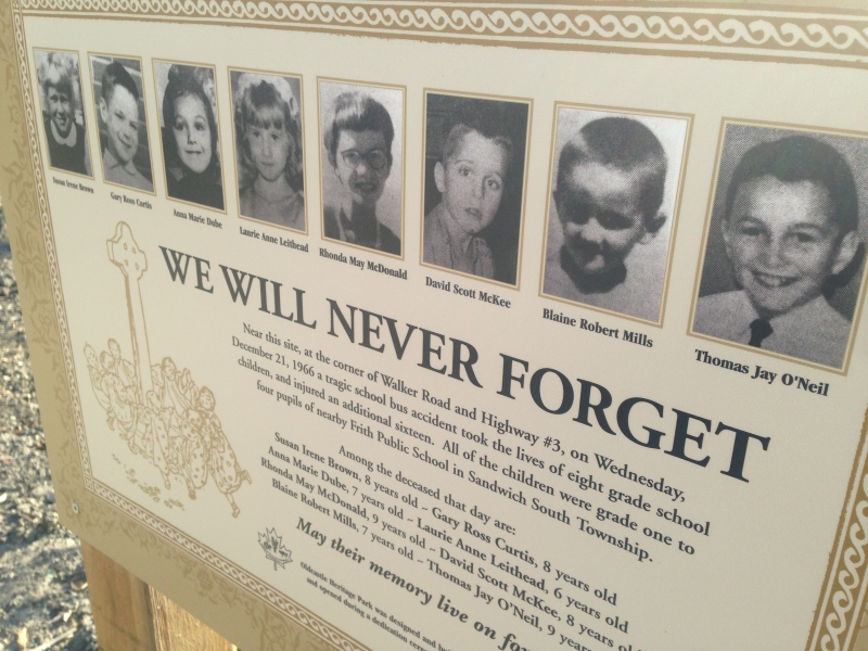 A plaque honouring the victims of a fatal 1966 crash that killed eight school children in Oldcastle, Ont. can be seen at Oldcastle Heritage Park on Sunday, Nov. 3, 2014. (Sacha Long/ CTV Windsor)