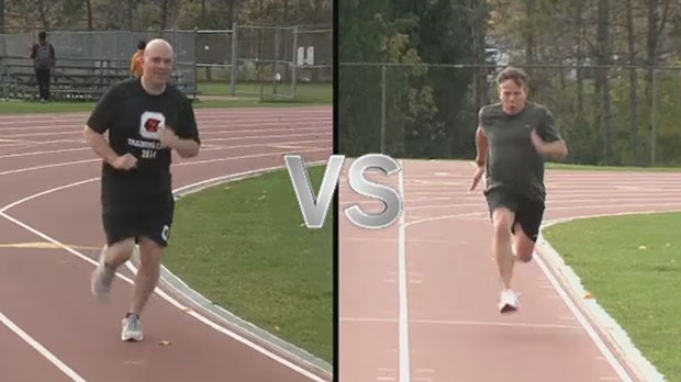 AJ Jakubec, the voice of the REDBLACKS takes on CTV’s Terry Marcotte in a 200 metre sprint for charity.