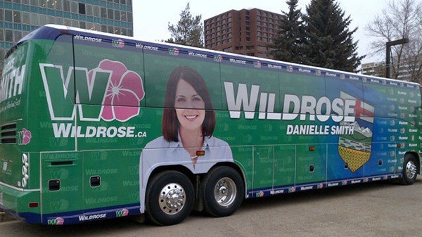 Alberta Wildrose Leader Danielle Smith unveiled her party's campaign bus in Edmonton, Monday, March 19, 2012. (THE CANADIAN PRESS / HO-Twitter)