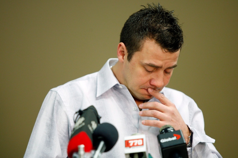 Sexual abuse victim, Todd Holt, holds back his emotions as he speaks to the media about the sentencing of his former hockey coach, Graham James, at a news conference held in Cochrane, Alta., Tuesday, March 20, 2012. (Jeff McIntosh / THE CANADIAN PRESS)