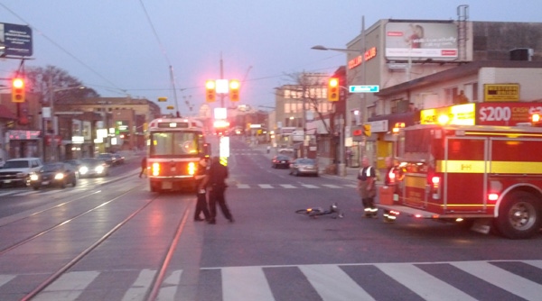A cyclist was struck by a streetcar on Alberta Avenue on Wednesday, March 21, 2012.