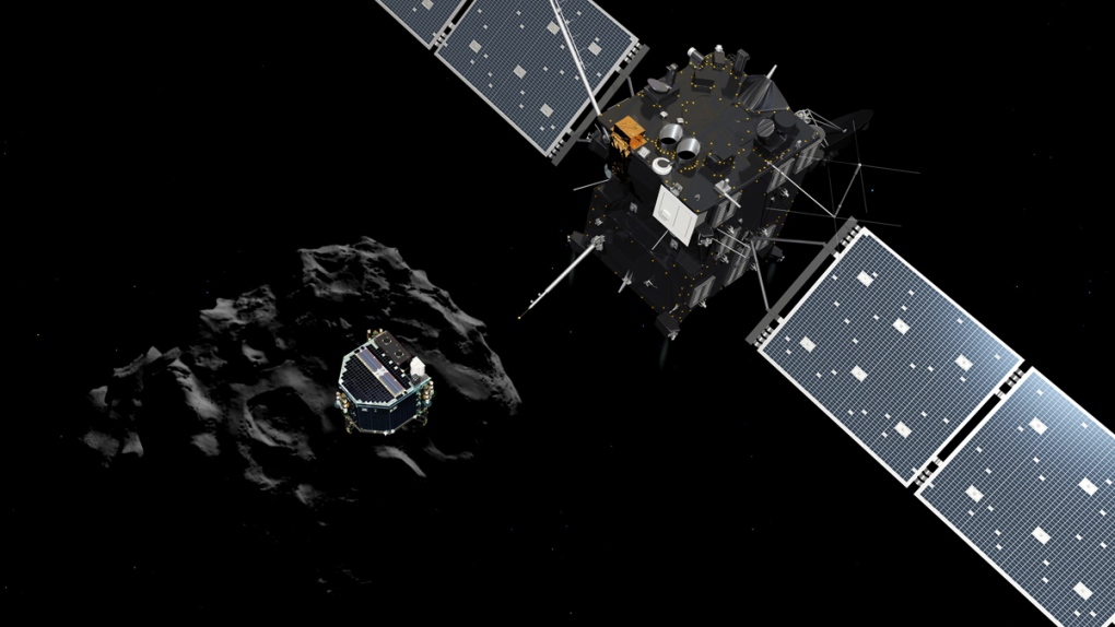 Philae separating from Rosetta, descending to 67P